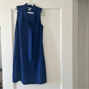 ⭐️ H&M Navy Blue Chiffon Bow Tie Neck Swing Mini Dress Size 0 EUC